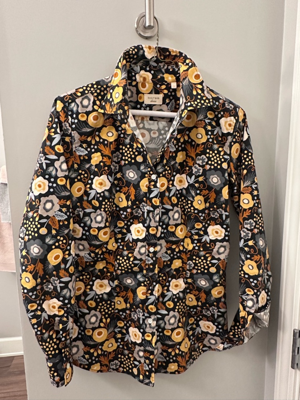 Black Floral Button-Up Shirt with Yellow & Gray Accents